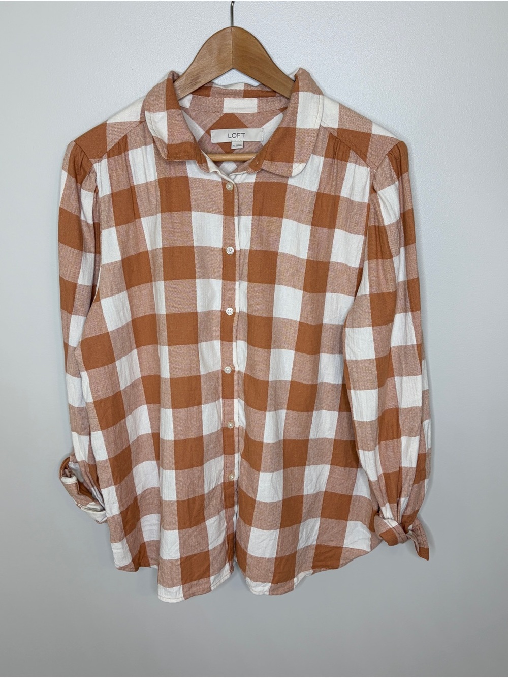 LOFT Flannel Cotton Shirt Rust and White Plaid Buffalo Check XL